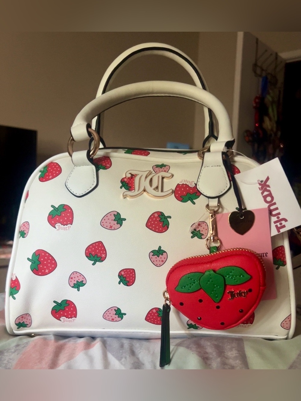 Juicy Couture White Strawberry Print Satchel with Red Strawberry Coin Pouch